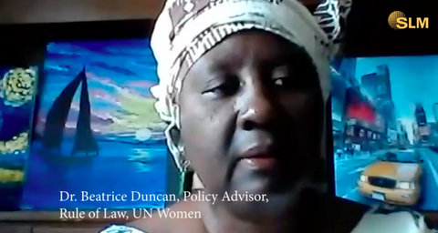 Black woman with text Dr. Beatrice Duncan, Policy Advisor, Rule of Law, UN Women