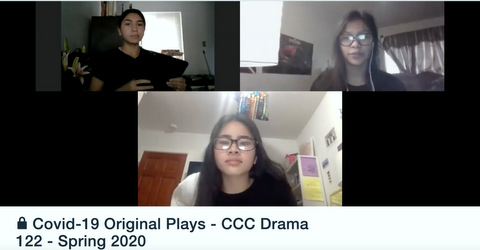 Three people with text Covd-19 Original Plays - CCC Drama 122- Spring 2020