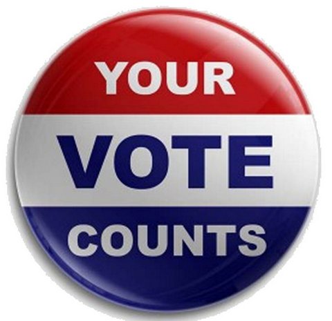 Red, white and blue button with the words Your Vote Counts