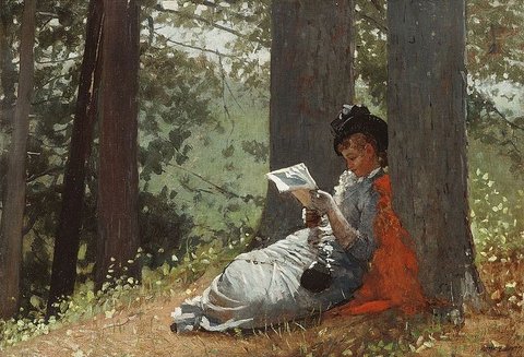 Painting of a woman sitting under a tree, reading a book.
