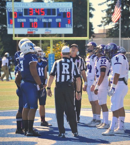 Football players and referees on Contra Costa College field.