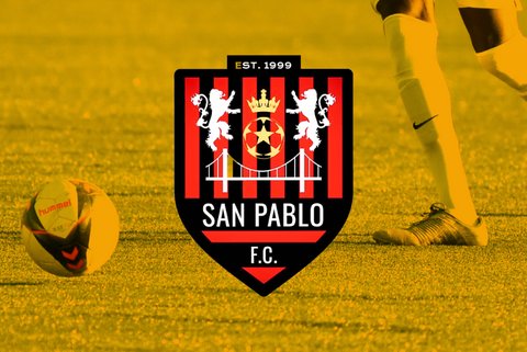 Red and black San Pablo FC shield over photo of soccer player and ball