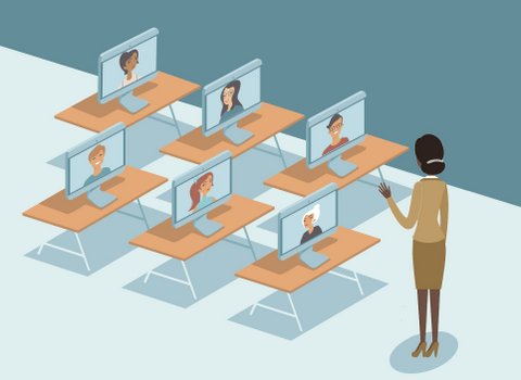 Illustration of teacher facing desks with computer monitors with students' faces on them