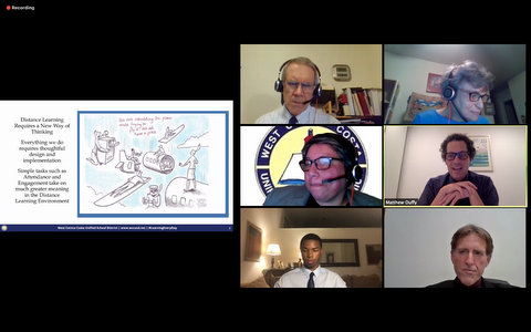 Six people in a virtual meeting and a cartoon with airplane parts captioned "We are rebuilding the plane while trying to fly it. We all have a piece."