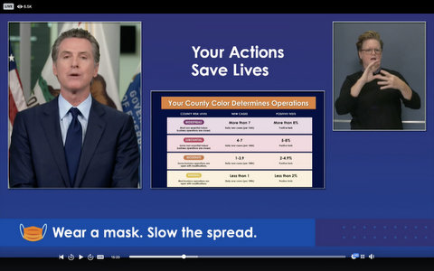 Gavin Newsom, a sign language interpreter, and text that reads, in part, "Your actions save lives" and "Wear a mask. Slow the spread."