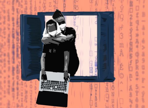 Illustration of a boy at an open window with a laptop being hugged from behind by a man.