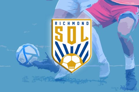 Richmond Sol logo over illustration of a soccer ball and two players' legs.