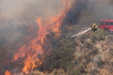 Burning hillside with firefighter at top pointing hose down toward flames.