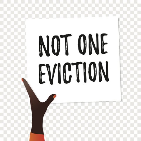 Illustration of a Black hand with orange nail polish holding a sign that says "Not one eviction."