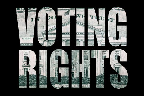 The words "voting rights" in all capital letters with backgrounds that appear to come from U.S. currency.
