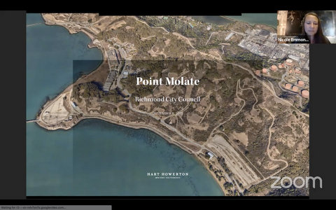 Aerial view of Point Molate land and photo in upper-right corner of woman in virtual meeting.
