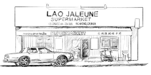 Sketch of Lao Jaleune Supermarket storefront at 435 23rd St. in Richmond.