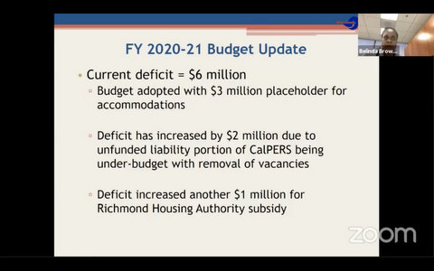 Slide that reads: "FY 2020-21 Budget Update. Current deficit = $6 million. Budget adopted with $3 million placeholder for accommodations. Deficit has increased by $2 million due to unfunded liability portion of CalPERS being under-budget with removal of vacancies. Deficit increased another $1 million for Richmond Housing Authority subsidy."