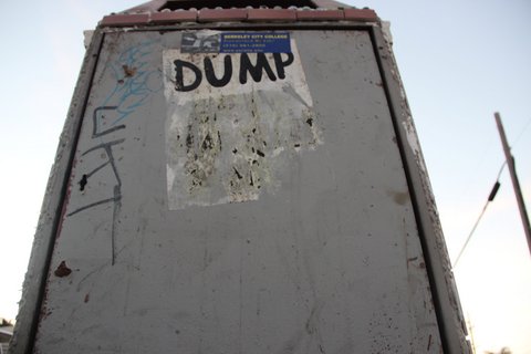 View looking up from the ground of a trash can with sticker that says "DUMP" on it.