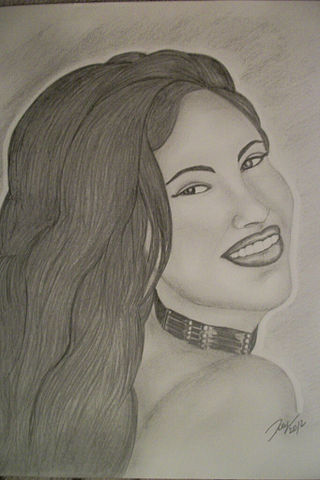A black-and-white drawing of the singer Selena.