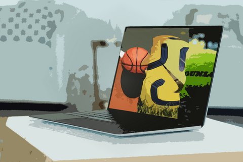 Illustration of a laptop with a basketball, soccer ball and tennis ball on the screen.