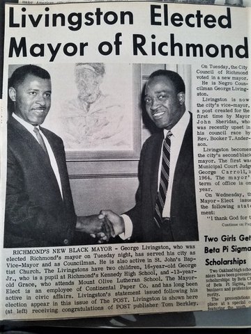 Newspaper clipping with headline "Livingston Elected Mayor of Richmond" and black-and-white photo of George Livingston and Tom Berkley, two Black men, shaking hands