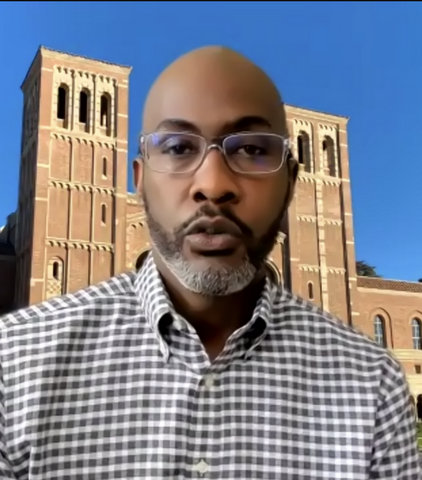 Black man with virtual UCLA background