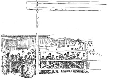 Drawing of people in a refugee camp standing behind a wooden fence