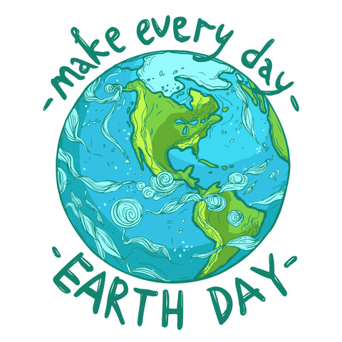 Drawing of Earth on white background surrounded by green text that says "make every day Earth Day"