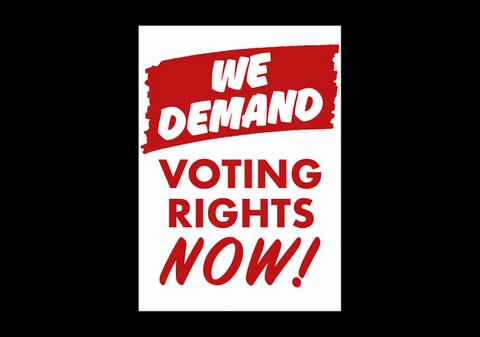 Sign that says "We demand" in white text on a red background and "voting rights now" in red text on a white background.