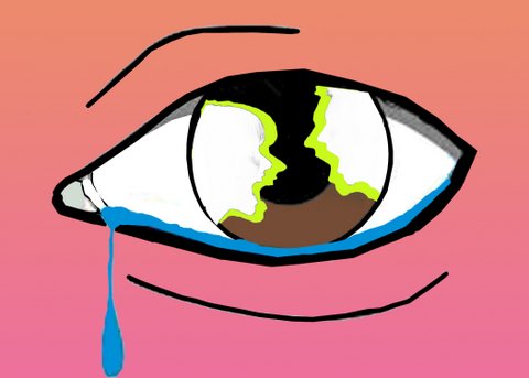 Illustration depicting two yelling people reflected in a crying eye