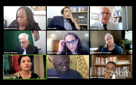 Nine people, many with exasperated expressions, in a virtual meeting