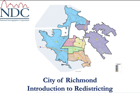 Color-coded map by the National Demographics Corporation titled "City of Richmond Introduction to Redistricting"