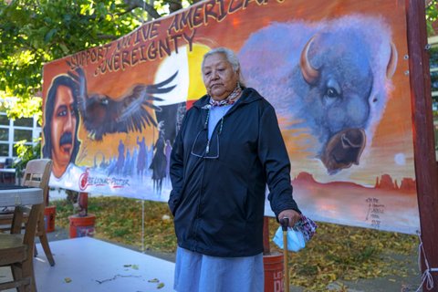 An older Native American woman with a cane in front of a banner depicting a man, eagle and buffalo with the words "support Native American sovereignty."