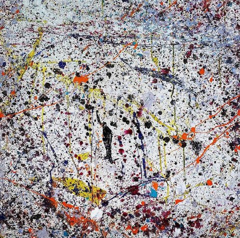 Artwork with drips and splatters of paint in various colors, most prominently black, yellow and orange