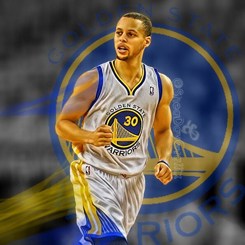 Photo illustration of Golden State Warriors basketball player Stephen Curry and the team's logo.