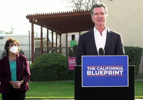 Gov. Gavin Newsom at a lectern with a sign that says "The California Blueprint." To his left is Dolores Huertas, wearing a mask.