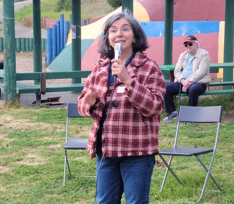 A woman speaking into a microphone. Behind her are two empty folding chairs on grass and a man on a bench