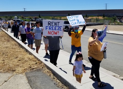 A long line of people protesting are walking down a sidewalk. In the front are a woman and little girl, followed by one person holding a sign that says "rent freeze now" and another with a sign that says "better living conditions"