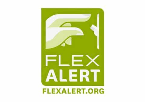 Green Flex Alert logo with illustration of a hand about to turn off a light switch