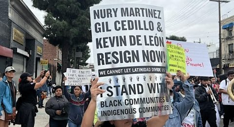 Crowd of people, some holding signs. Sign in front says Nury Martinez, Gil Cedillo & Kevin De León resign now. We cannot let Latinidad divide us. I stand with Black communities and Indigenous communities.