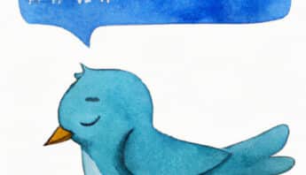 Illustration of a blue bird to represent Twitter. Above the bird's head is a thought bubble with hashtag-like symbols. The bird's eyes are closed and head is bowed. It looks sad.