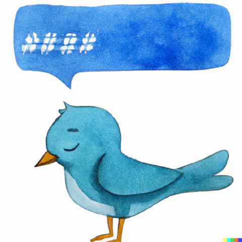 Illustration of a blue bird to represent Twitter. Above the bird's head is a thought bubble with hashtag-like symbols. The bird's eyes are closed and head is bowed. It looks sad.