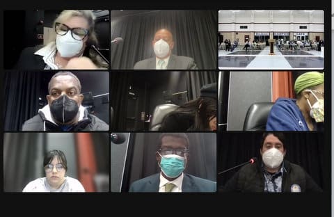 Screenshot from virtual meeting. Most of the people visible are wearing masks