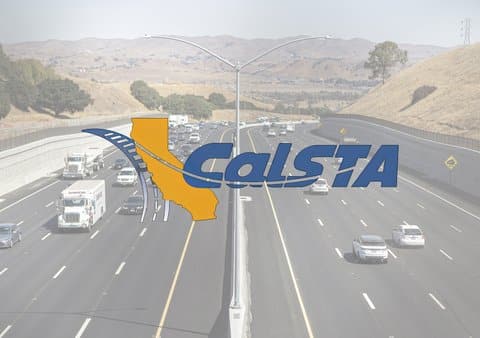 Photo of a freeway with five lanes in each direction overlaid with an emblem of the state of California and lettering that says CalSTA