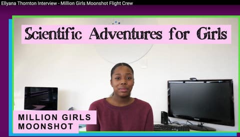 A Black teen girl and text that reads Scientific Adventures for Girls Million Girls Moonshot