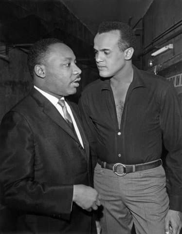 Black-and-white photo of Martin Luther King Jr. and Harry Belafonte