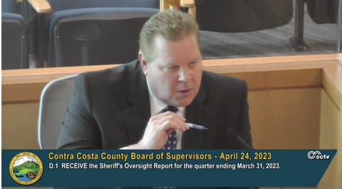 A white man in a suit and text that reads Contra Costa County Board of Supervisors April 24, 2023 D.1 Receive the sheriff's oversight report for the quarter ending March 31, 2023.