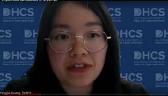 Screenshot of a young Asian woman in front of a blue backdrop that says DHCS California Department of Health Care Services on it multiple times.