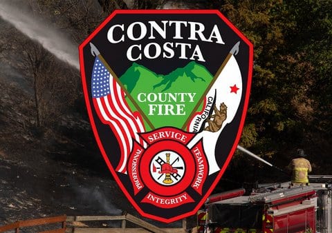 Logo that says Contra Costa County Fire Service Professional Teamwork Integrity with images of the U.S. and California flags