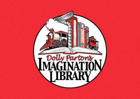 Illustration of the front and caboose of a train acting as bookends with books between them on top of a book in a white circle with the words Dolly Parton's Imagination Library on a red background