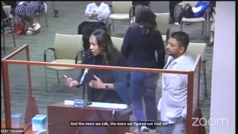 Screenshot from Zoom of a Black woman speaking at a microphone behind a clear partition at a government meeting.