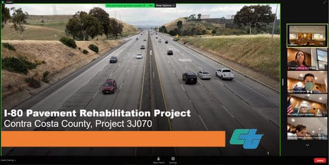 Screenshot from Zoom meeting with a photo of a freeway alongside four people participating in government meeting with text that reads I-80 pavement rehabilitation project. Contra Costa County, project 3 J 0 7 0