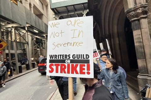 Man holding picket sign that reads "we are not in severance" in handwritten text and "writers guild on strike" printed on it.