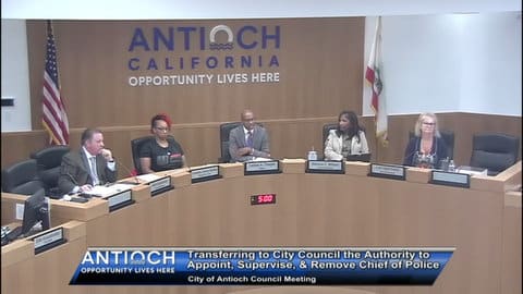 Members of the Antioch City Council in a meeting. They are two Black women, a Black man, a white man and a white woman.